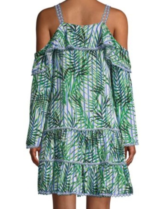 Red Carter Cover Up Dress Palm Party Print Crocheted Tiered Green Blue L NWT - Picture 6 of 8